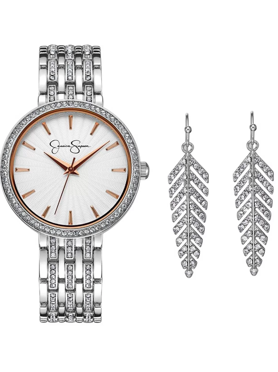 Crystal Bezel Watch & Feather Earring Set In Tone<Jessica Simpson Best Sale